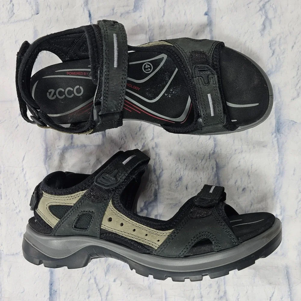 ECCO Yucatan Sport Sandals Womens 41 10-10.5 Black Grey Leather Hiking Trail